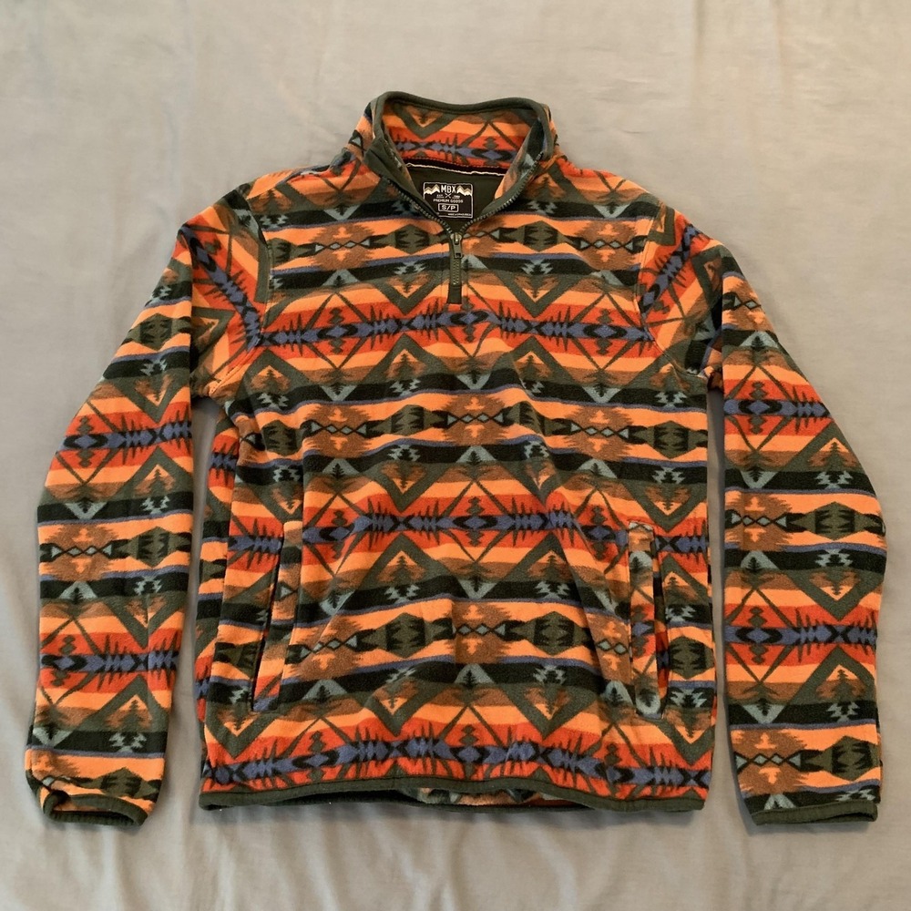 MBX Jacket Mens Small Orange Green Fleece Quarter Zip Southwestern‎ Tribal Print